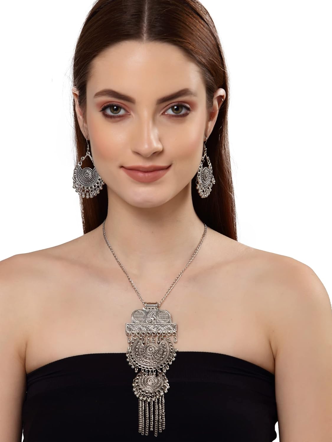 Shining Diva Fashion Latest Stylish Traditional Oxidised Silver Necklace Jewellery Set for Women (13174s), One Size