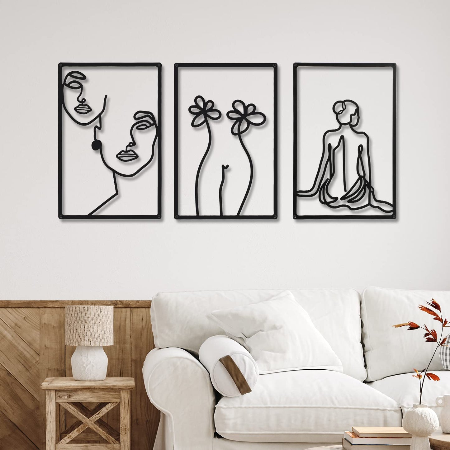 CHENGU 3 Pieces Metal Minimalist Abstract Woman Wall Art Line Drawing Wall Art Decor Single Line Female Home Hanging Wall Art Decor for Kitchen Bathroom Living Room (Black, Hand)