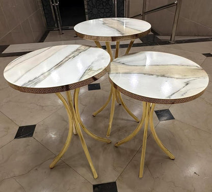 LHFHOMT- Round Coffee table set Nesting Coffee Table Set of 3 Pieces, Wooden Top, Gold Metal legs End Table Desk for Living Room, Balcony, Office, Sofa Side (White - Black Lines)