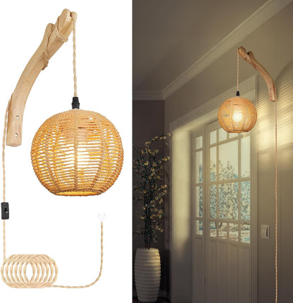 NALACAL Bamboo Lantern Plug in Wall Sconces Wicker Wall Lamp, Vintage Wall Sconces, Hand Woven Rattan Wall Light, Farmhouse Rustic Wall Sconces, Boho Sconces Wall Lighting for Living Room Bedroom