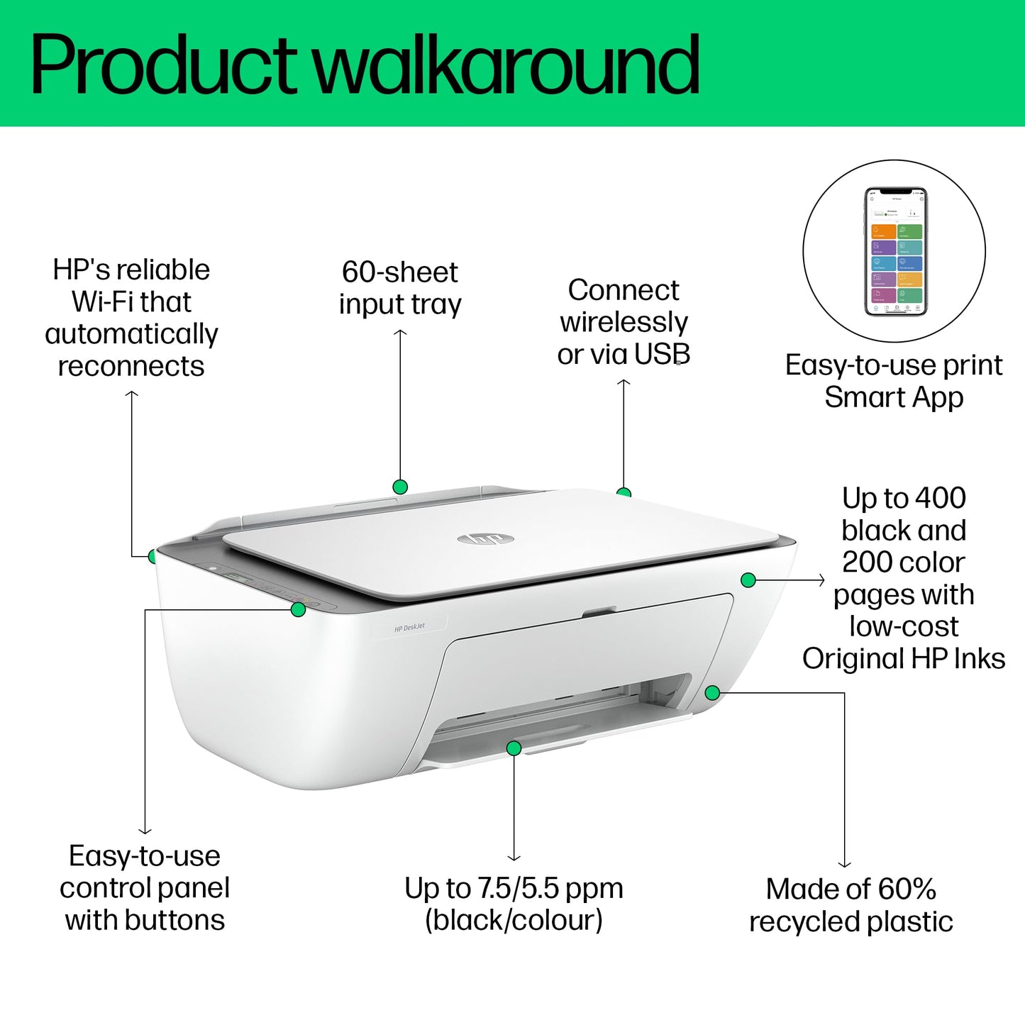 Hp Deskjet 2710 Printer, Print, Copy, Scan - White [5Ar83B]