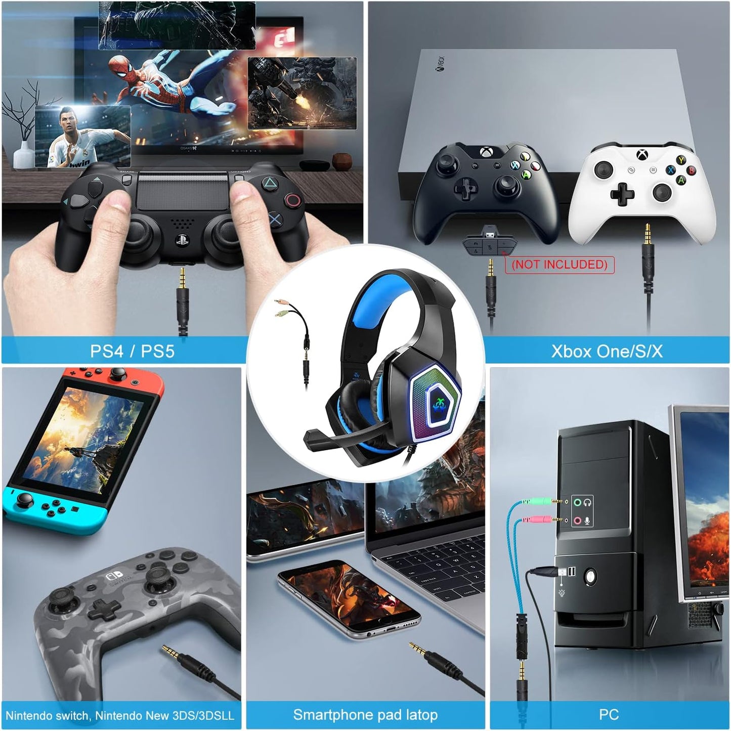 U UiiSii PC Gaming Headset with Microphone Wired Xbox Headset with mic PS4 Gaming Headphones with Microphone Gamer PS4 Headset with Mic Stereo Sound & LED Light Noise Cancelling for Switch Computer