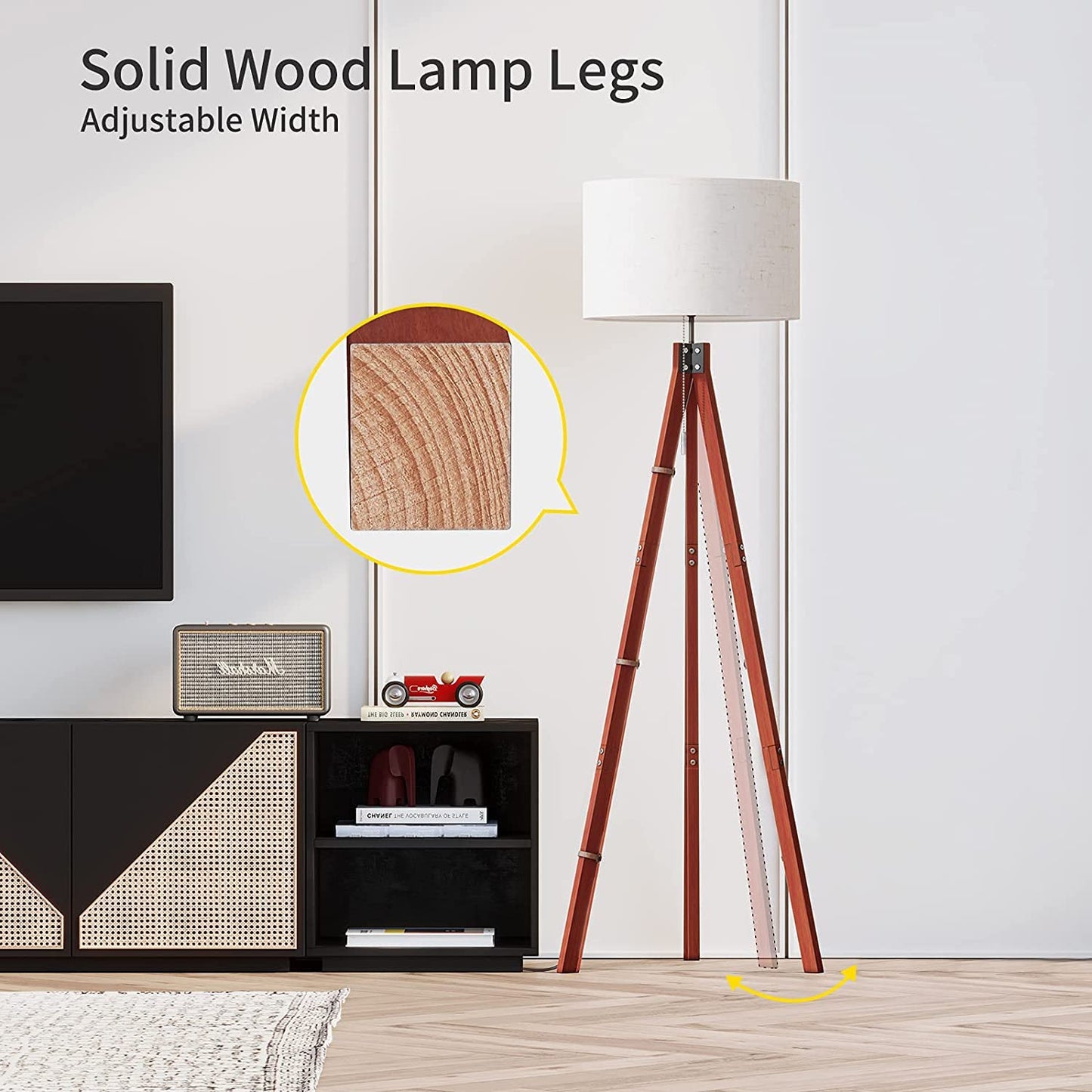 WAMBORY مصباح ارضي, Wood Tripod Floor Lamp, Mid Century Standing Lamp, Modern Design Studying Light for Living Room, Bedroom, Study Room and Office, Floor Lamp Shade with E26 Lamp Base