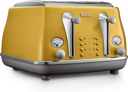 De'Longhi Icona Capitals Red Vintage Style 4 Slice Toaster, 6 Browning Levels, 4 Extra Wide Bread Slots, Defrost and Reheat Functions, Removable Crumb Tray, CTOC4003.R.