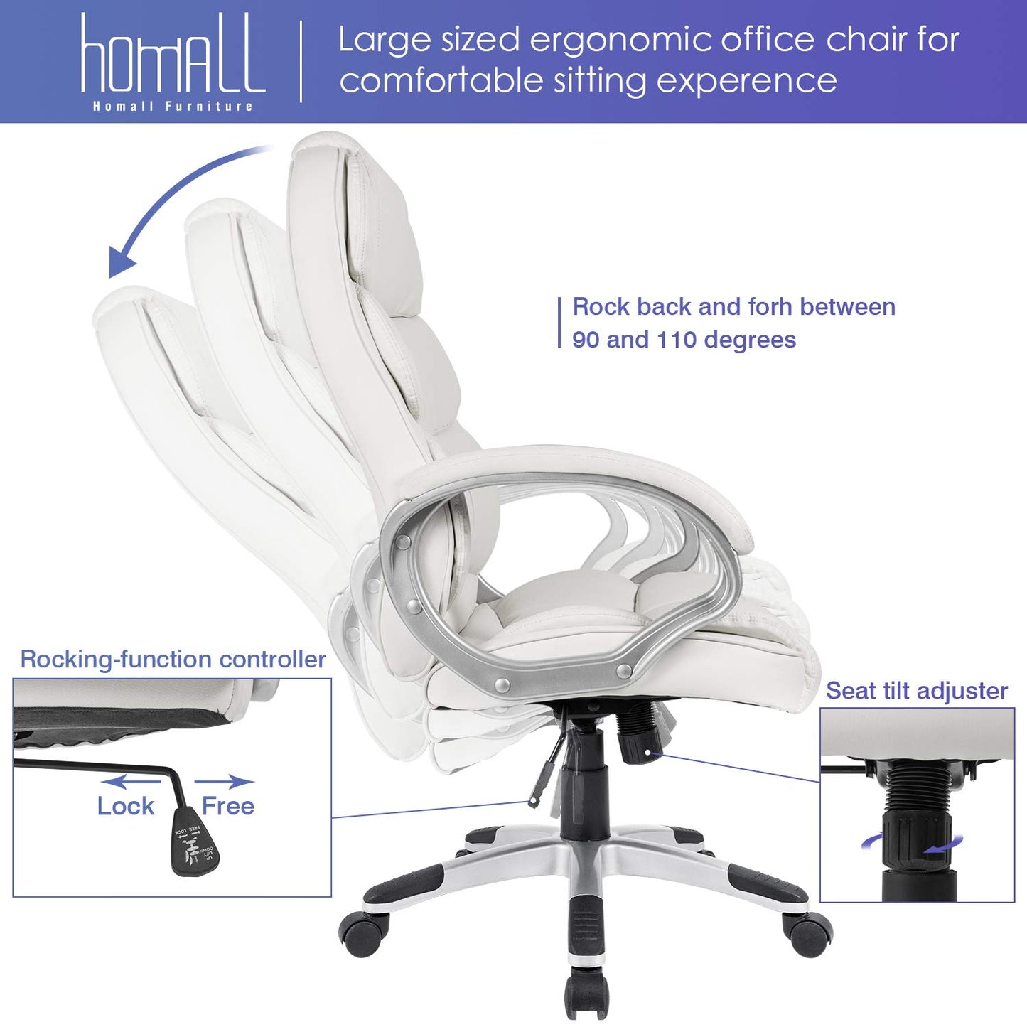 Homall Office Chair High Back Computer Desk Chair, PU Leather Adjustable Height Modern Executive Swivel Task Chair with Padded Armrests and Lumbar Support (Black)