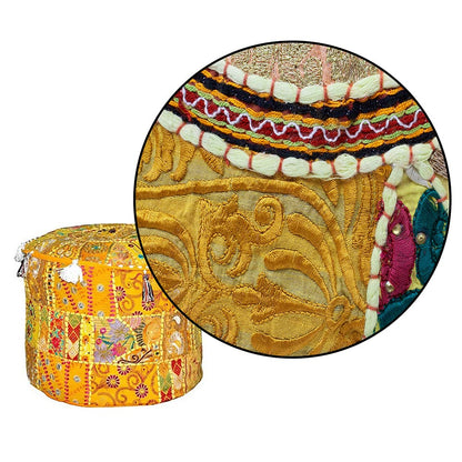 Aakriti Gallery Indian Pouf Footstool Ethnic Embroidered Pouf Cover, Indian Cotton Round Pouffe Ottoman Pouf Cover Pillow Ethnic Decor Art - Cover Only (Yellow, 18x13)