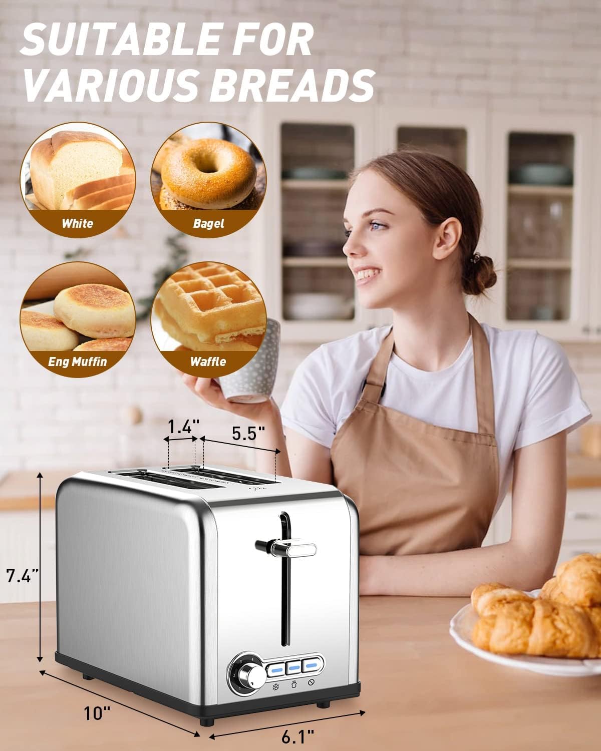 XVersion 2 Slice Toaster Warmer - 800W 6 Setting Electric Stainless Steel Sandwich Breakfast Machine Toast Bread Maker Toasters For Home Office Reheat, Defrost and Cancel, 1 Year Warranty - Silver