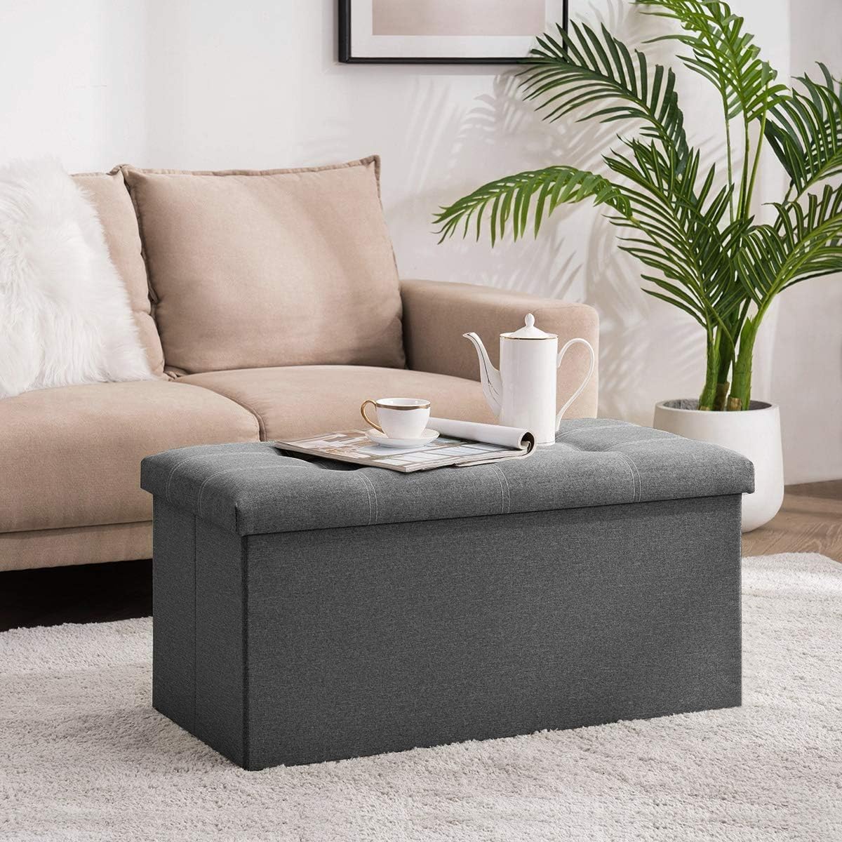 HELEE Folding Storage Ottoman Bench Cube Holds Up to 660lbs 30 inch Fabric Storage Chest with Memory Foam Seat Footrest Padded Upholstered Tufted for Bedroom (Grey)