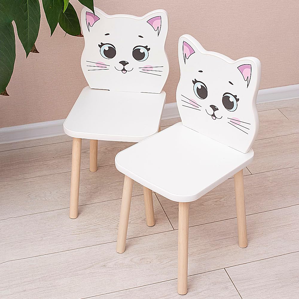 3-Piece Kids Wooden Table and Chair Set – White Play Table with 2 Chairs for Toddlers and Children – Ideal Study Table and Chair Set for Boys and Girls, Nursery Furniture (3, cat+bear)