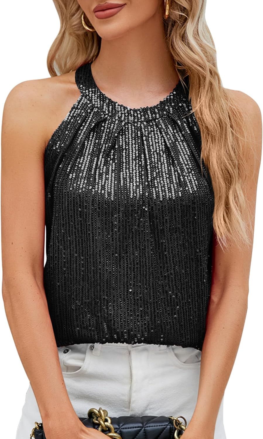 KEOYA Womens Sequin Halter Tops Sparkly Disco Outfit Concert Outfit Evening Party Club Tank Shirt Vest Tank Tops Tee