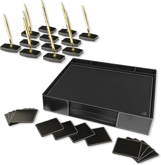 FIS Conference Room Executive Desk Set, German Bonded Leather Materials, Set of 12 Pieces Each Desk Blotter, Coaster, Pen Stand Holder with Pen, Black Color Pack in Organizer Case-FSDSCONFRSETBK