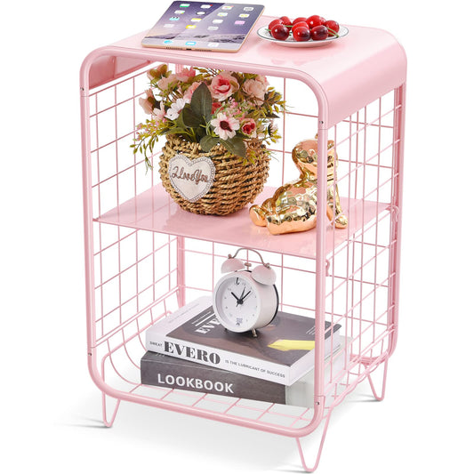 APEXCHASER Cute Pink Nightstand,Metal Side Table,3 Tier End Table with Storage,Vintage Bedside Table,Girls Bedroom Furniture,Coffee Table for Living Room,Bedroom,Dorm