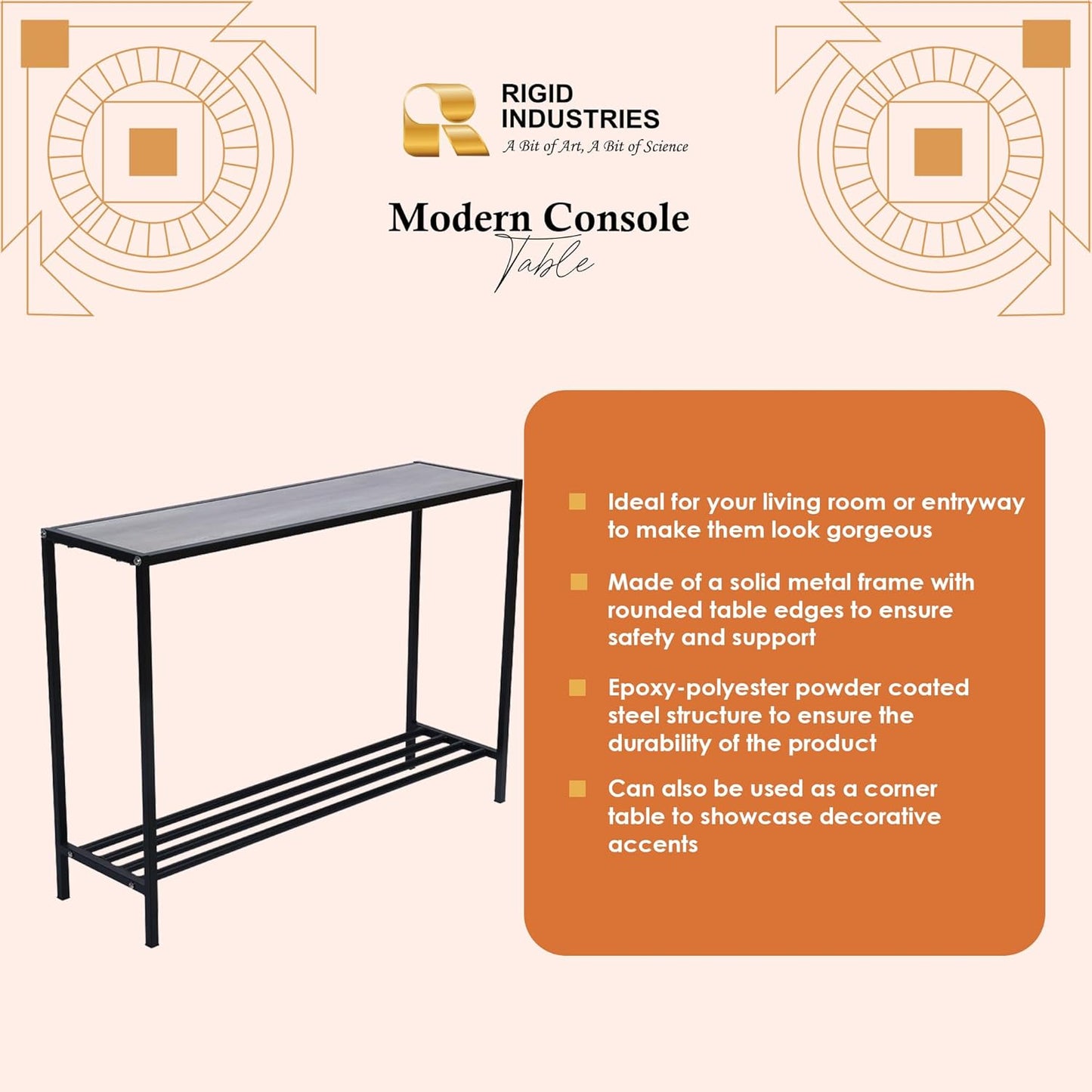 RIGID Console Table | Corner End Table with Stainless Steel Frame and Glass Top for Living Room, Office