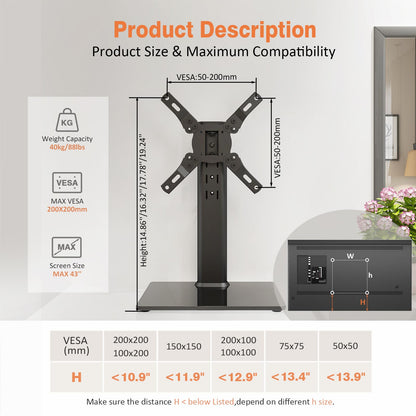 Hemudu Universal Swivel TV Stand/Base Table Top TV Stand for 13 to 32 inch TVs with 100 Degree Swivel, 4 Level Height Adjustable, Heavy Duty Tempered Glass Base, Holds up to 35kg HT07B-001P