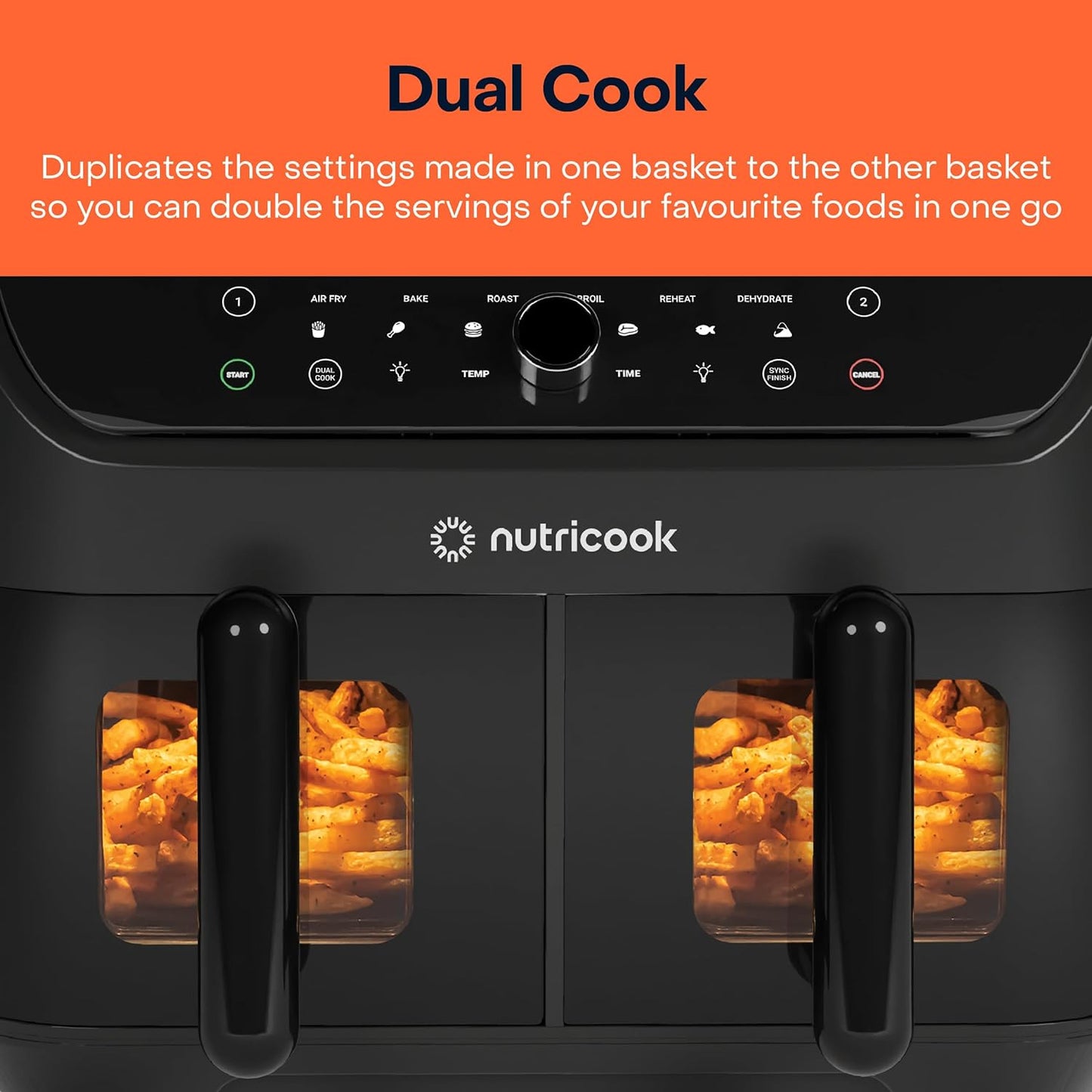 Nutricook Air Fryer Duo 2 by Caliber Brands, 8.5L Independently Controlled Dual Baskets, Air Fry, Bake, Roast, Broil, Reheat & Dehydrate, 6 Presets, AFD185, Black, 2400 Watts, 2 Year Warranty