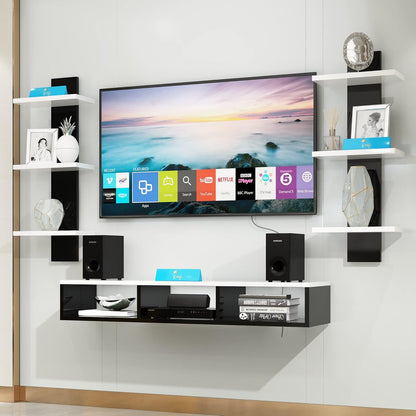 Raafi Wooden Wall Mounted TV Unit, Cabinet, with TV Stand Unit Wall Shelf for Living Room (Black & White)