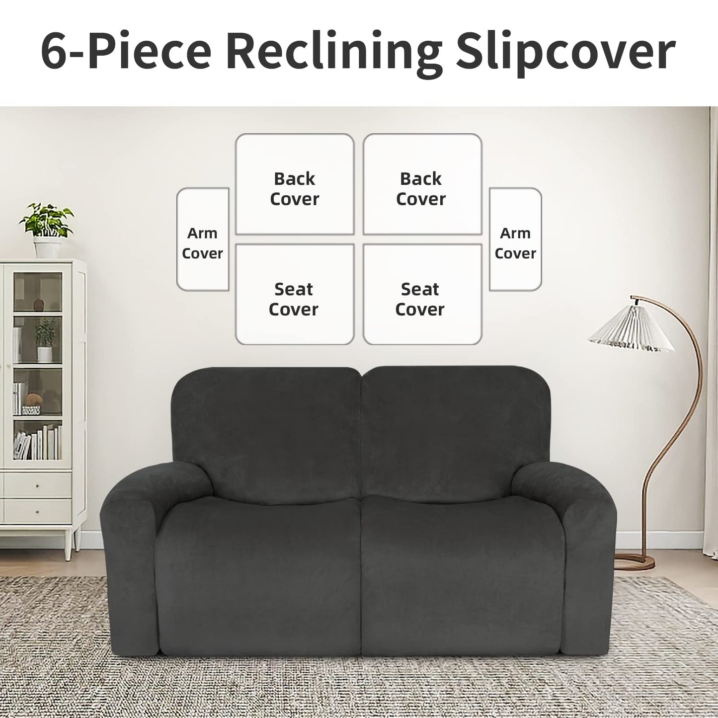 Easy-Going Velvet Reclining Loveseat with Middle Console Slipcover, Stretch 8-Piece Loveseat Reclining Sofa Covers, 2 Seat Loveseat Recliner Slipcover, Thick, Soft, Washable, Gray