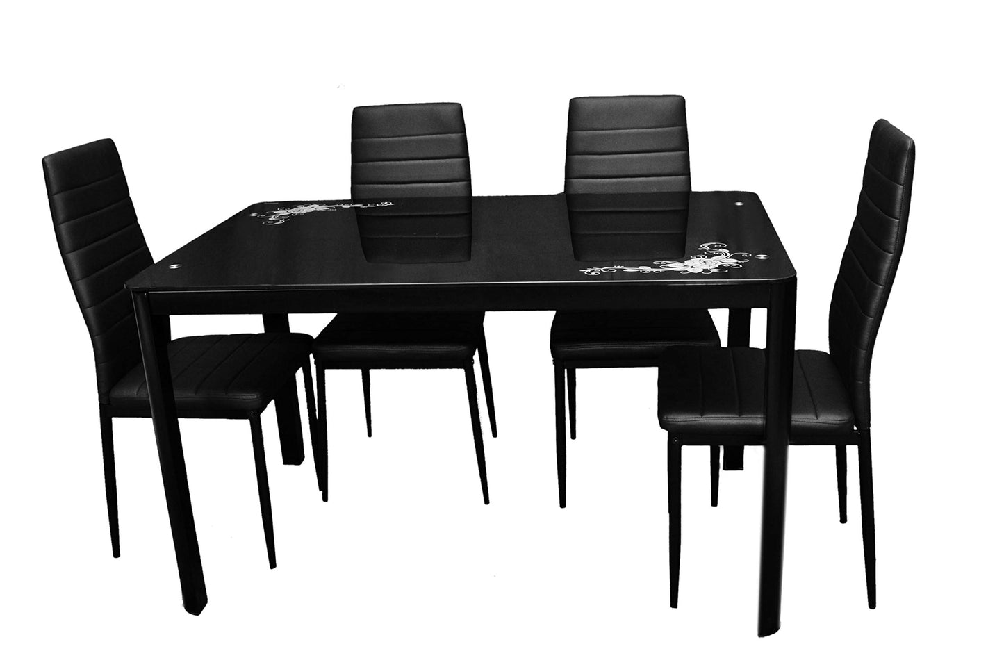 Zena Metal and Glass Dining Table Set, with 4 Chairs, Black 130 cm x 80 cm x 74 cm