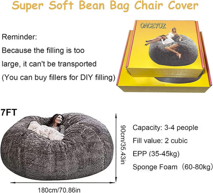 OACEVOZ Giant, Soft Fluffy Fur Bean Bag Chair Cover for Adults (Cover ONLY, NO Filler) 7ft Black Big Bean Bag Bed Oversized Lazy Bean Bag Couch