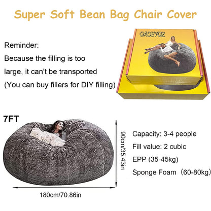 OACEVOZ Giant, Soft Fluffy Fur Bean Bag Chair Cover for Adults (Cover ONLY, NO Filler) 7ft Black Big Bean Bag Bed Oversized Lazy Bean Bag Couch