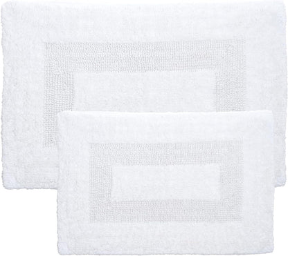 Cotton Bath Mat Set- 2 Piece 100 Percent Cotton Mats- Reversible, Soft, Absorbent and Machine Washable Bathroom Rugs By Lavish Home (White)