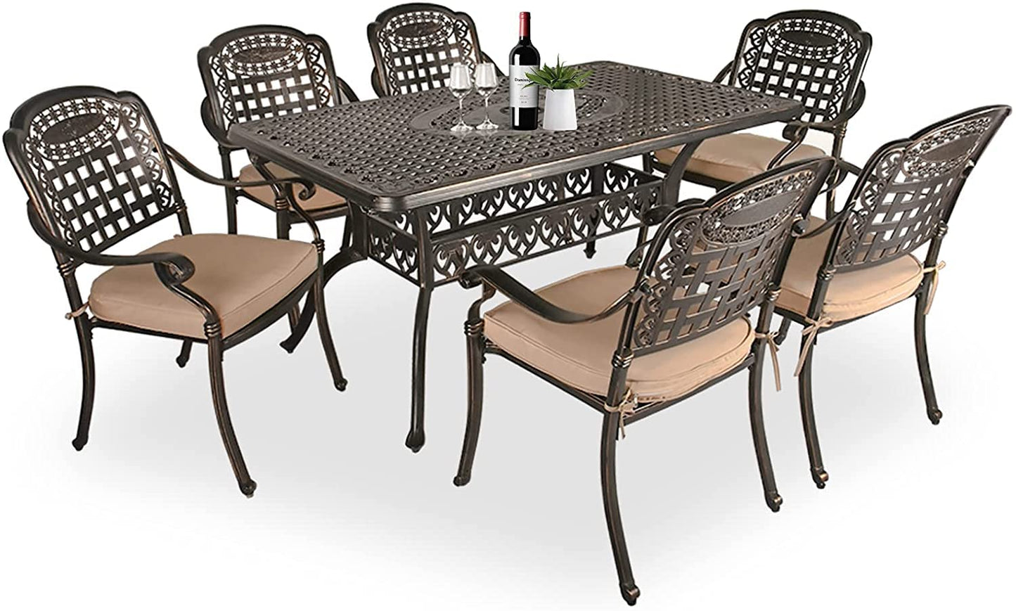 Yulan 7-Piece Outdoor Furniture Dining Set, All-Weather Cast Aluminum Patio Conversation Set, Include 6 Chairs and a Round Table with Umbrella Hole for Balcony Lawn Garden Backyard (B) 603