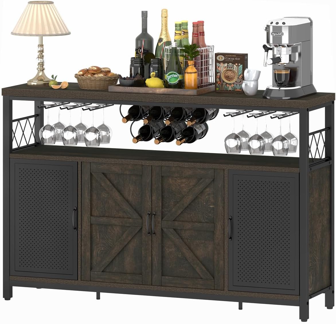 Aubtik Farmhouse Liquor Cabinet Bar for Home, Large Coffee Bar Cabinet with Storage, Rustic Buffet Sideboard with Wine Rack and Glass Holder, 51.34" (Walnut Brown)