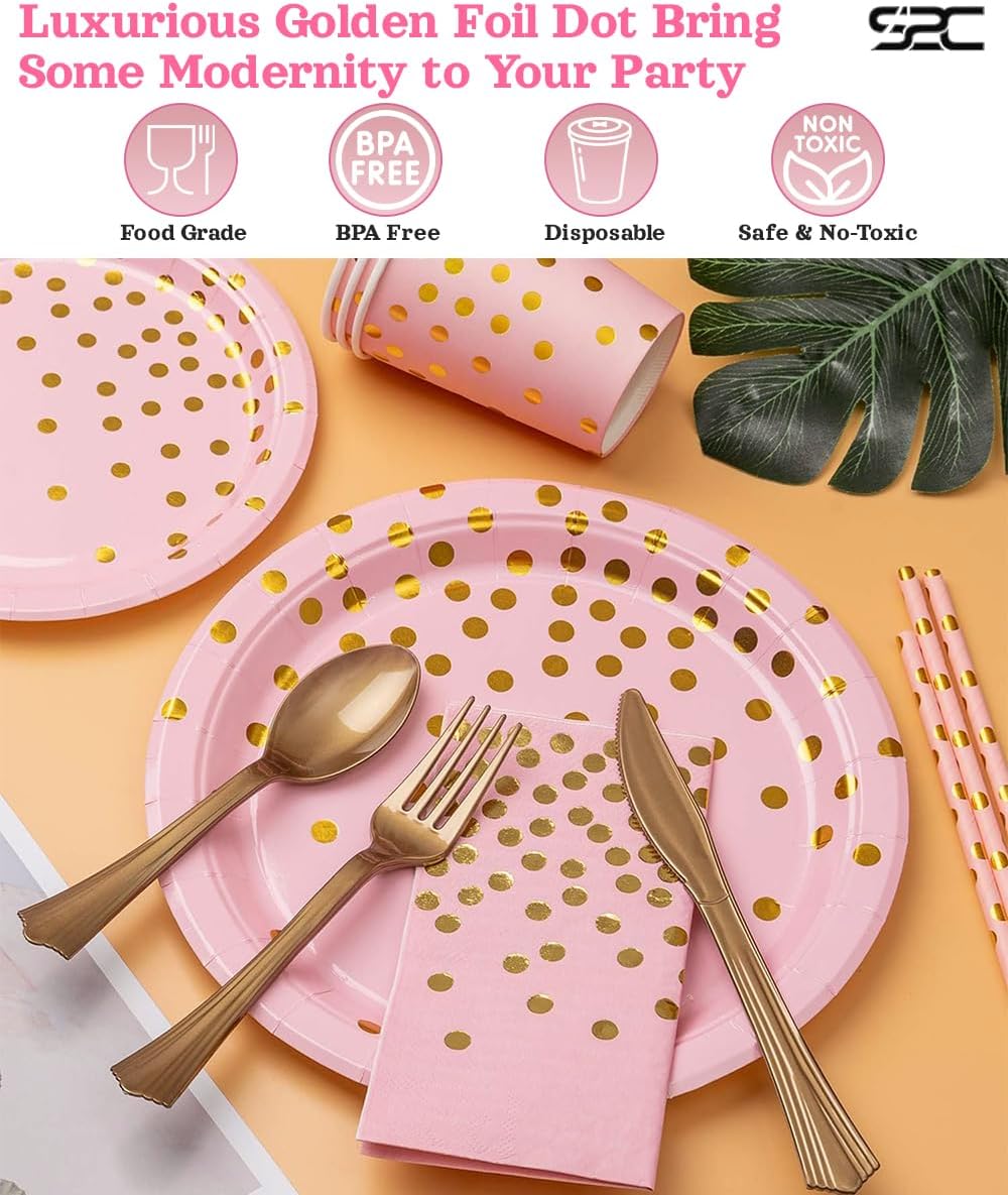 S2C 175 Pcs Serves 25 Heavy Duty Pink Gold Disposable Party Supplies With Paper Party Plates, Napkins, Cups, Spoons, Forks For Wedding, Birthday, Anniversary, Graduation Dinnerware Set (PINK GOLD)