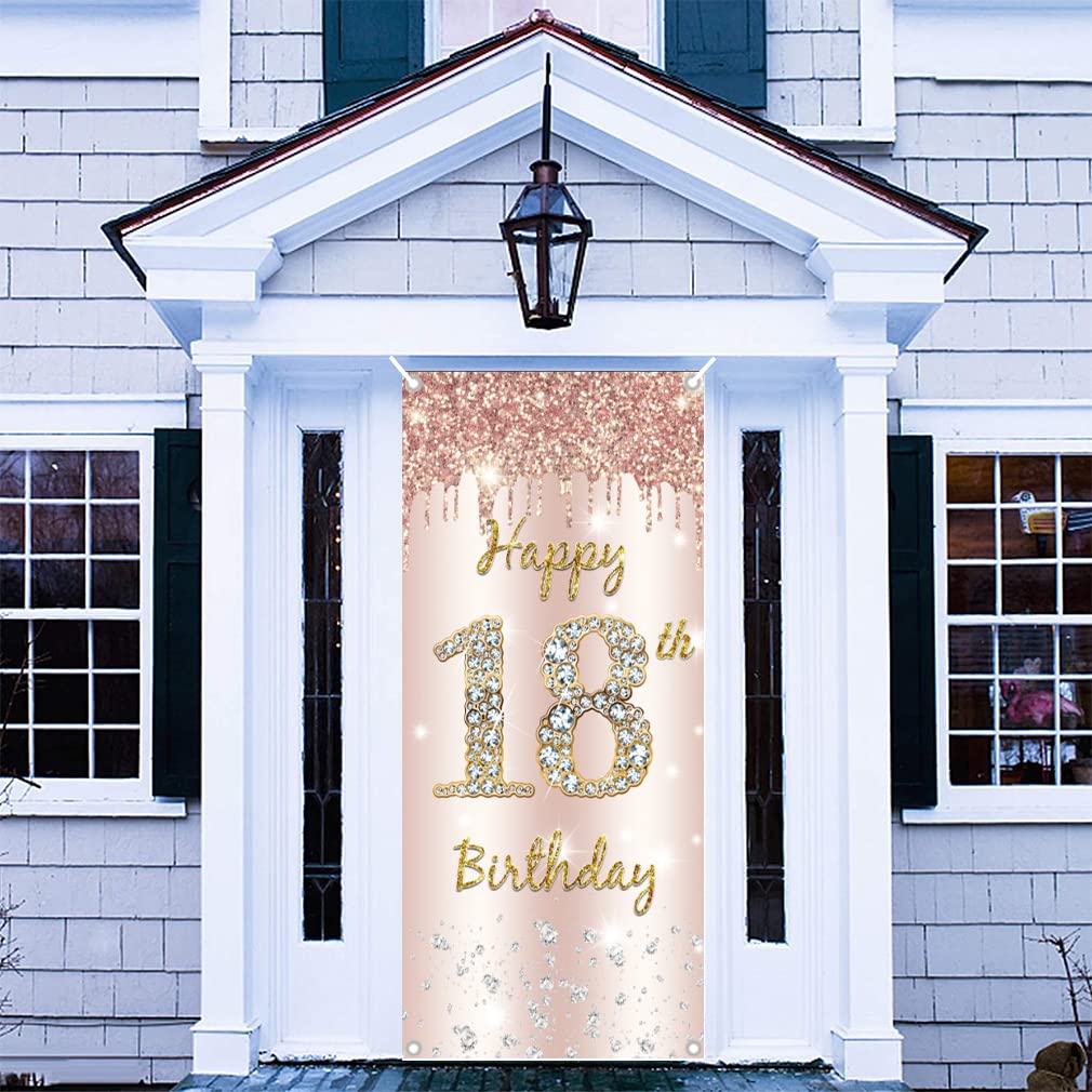 18th Birthday Girl Decoration, Happy 18th Birthday Door Banner Rose Gold, 18th Birthday Fabric Sign Poster Door Decoration, 18th Birthday Background Banner, Birthday Party Welcome Sign