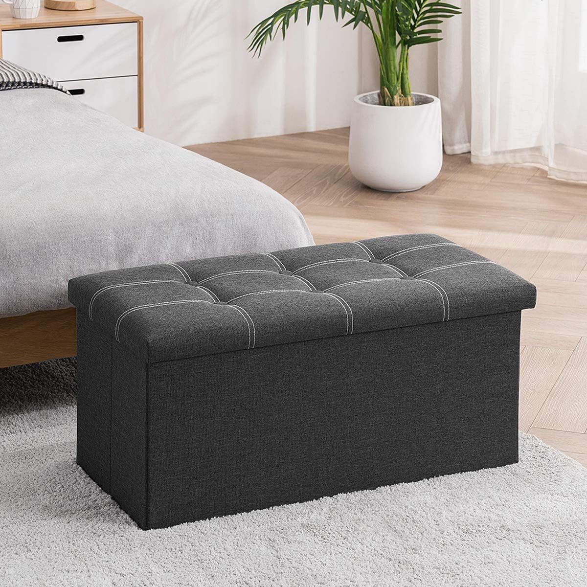 HELEE Folding Storage Ottoman Bench Cube Holds Up to 660lbs 30 inch Fabric Storage Chest with Memory Foam Seat Footrest Padded Upholstered Tufted for Bedroom (Grey)