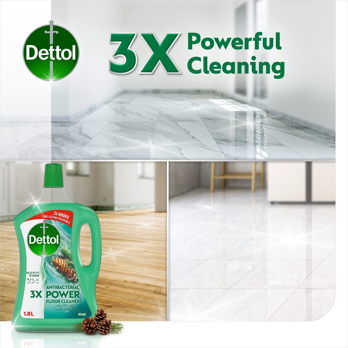 Dettol Pine Antibacterial Power Floor Cleaner With 3 Times Powerful Cleaning (Kills 99.9% Of Germs), 1.8L, Twin Pack