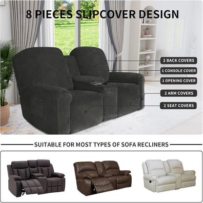 Easy-Going Velvet Reclining Loveseat with Middle Console Slipcover, Stretch 8-Piece Loveseat Reclining Sofa Covers, 2 Seat Loveseat Recliner Slipcover, Thick, Soft, Washable, Gray