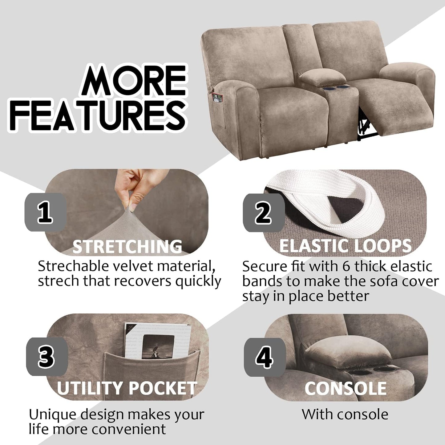 ULTICOR Reclining Loveseat with Middle Console Slipcover, 8-Piece Velvet Stretch Loveseat Reclining Sofa Covers, 2 seat Loveseat Recliner Cover, Thick, Soft, Washable, Loveseat Slipcovers (Dark Grey)