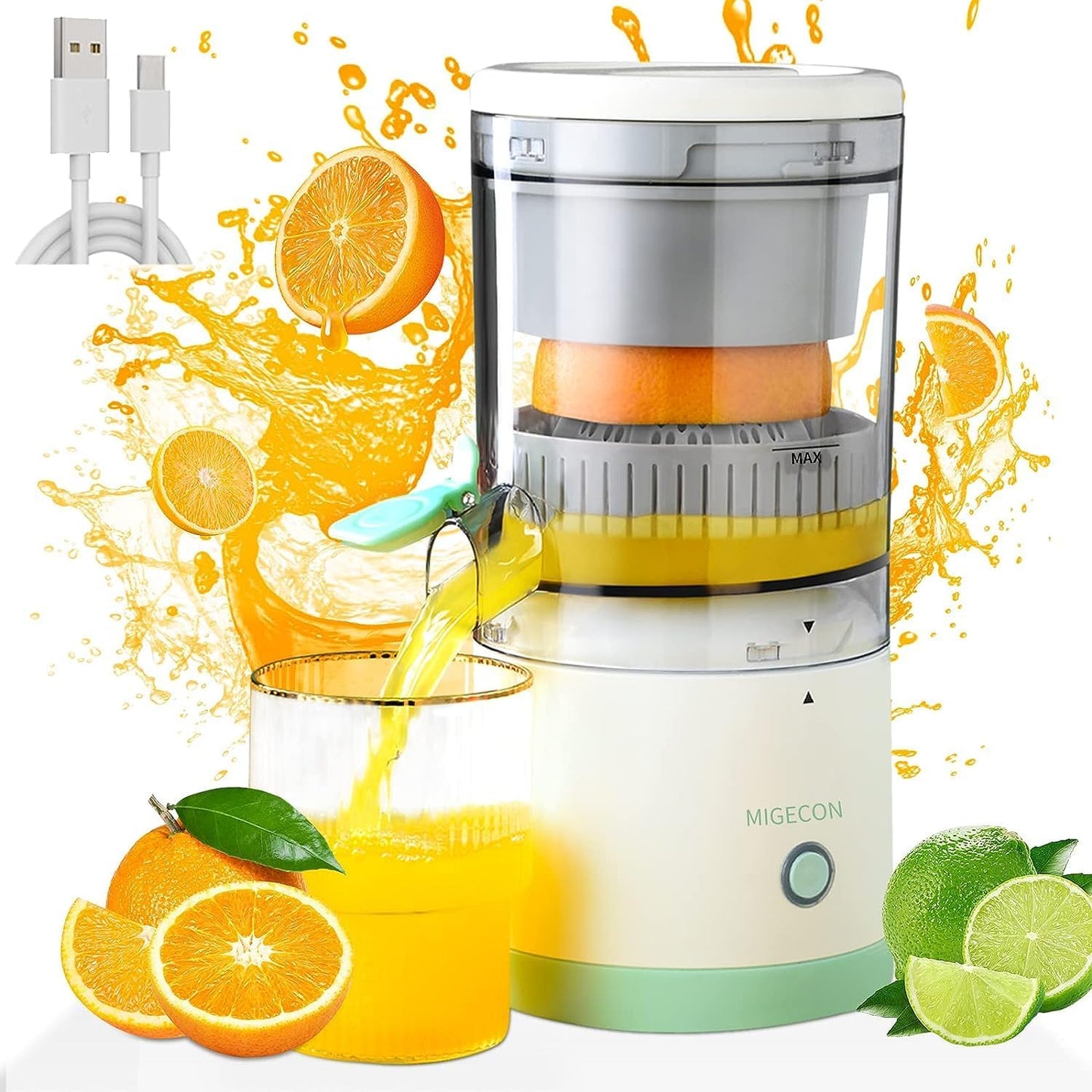 Migecon Citrus Juicer, Electric Orange Squeezer with Powerful Motor and USB Charging Cable, Juicer Extractor, Lime Suitable for Orange, Citrus, Apple, Grapefruit Pear. Greem ECQ01