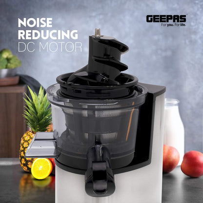 Geepas Gsj44019Uk 200W Masticating Slow Juicer Machine Cold Press Juicer, 80 mm Big Wide Mouth, Creates Fresh Healthy, High Nutrient Vegetable & Fruit Juice Quiet Motor Reverse Function, White