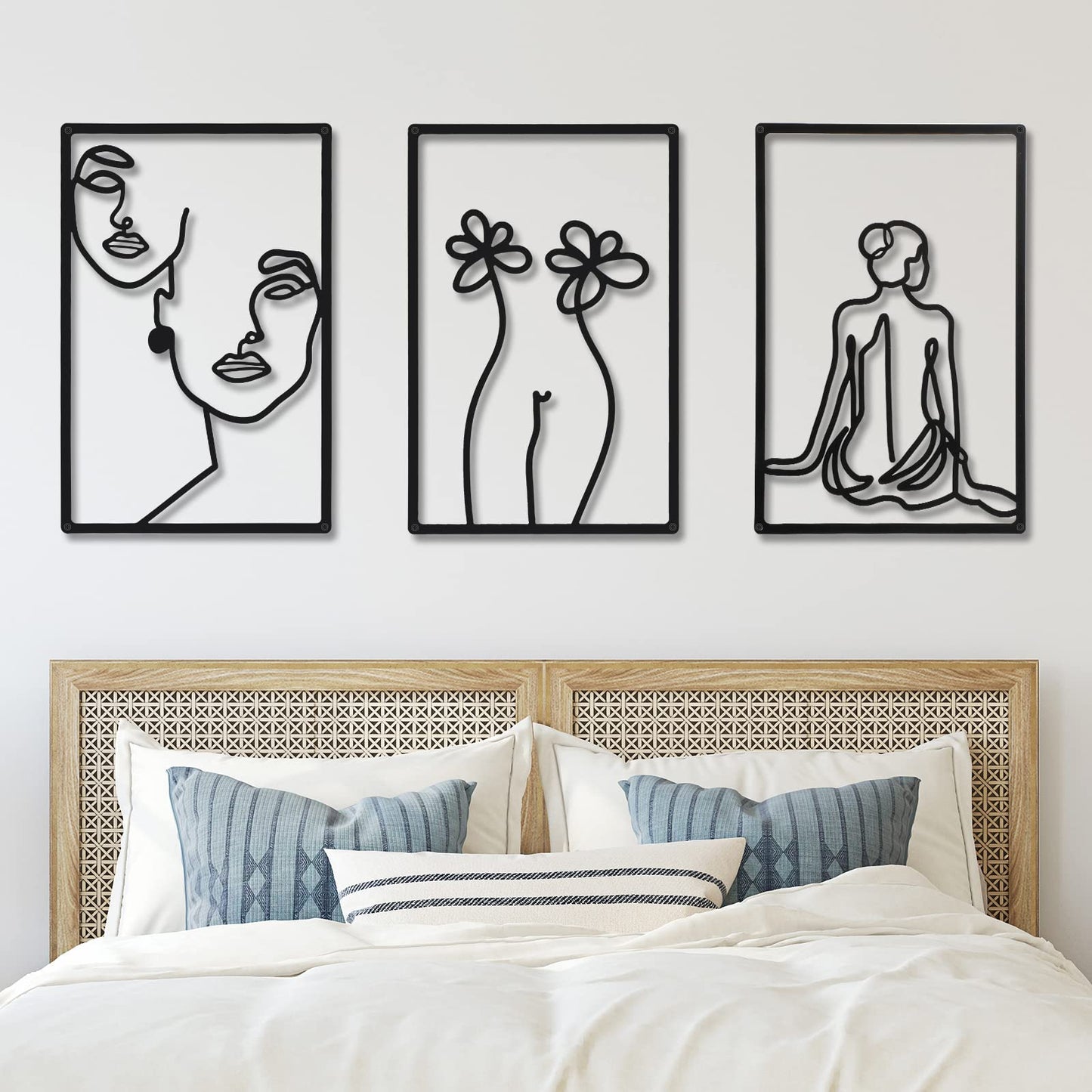 CHENGU 3 Pieces Metal Minimalist Abstract Woman Wall Art Line Drawing Wall Art Decor Single Line Female Home Hanging Wall Art Decor for Kitchen Bathroom Living Room (Black, Hand)