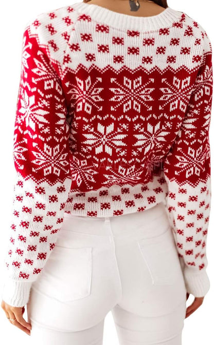 Women Sweater Christmas Oversized Pullover Sweaters Reindeer Snowflake Graphic Long Sleeve Crew Neck Knit Tops