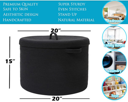 16" x 16" x 18" Extra Large Storage Basket with Lid, Cotton Rope Storage Baskets, Laundry Hamper, Toy Bin, for Toys Towels Blankets Storage in Living Room Baby Nursery, All Black Basket with Cover