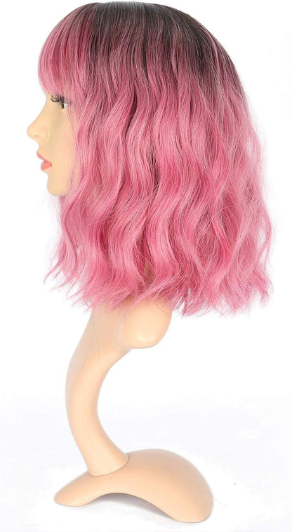 VCKOVCKO Ombre Color Natural Wavy Bob Wig With Air Bangs Short Bob Wigs Women's Shoulder Length Wigs Black to Pink Purple Curly Wavy Synthetic Cosplay for Girl Colorful Wigs(12",Black to WineRed)