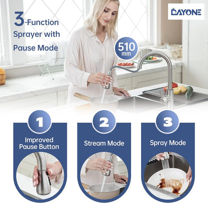 DAYONE Chrome Kitchen Faucet with Pull Down Sprayer, Single Handle Kitchen Mixer with 3 Water Modes Stainless Steel Kitchen Taps