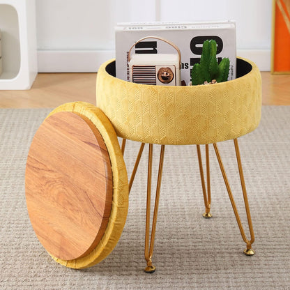 Cpintltr Footrest Footstools Round Velvet Ottoman with Storage Space Soft Vanity Chair with Memory Foam Seat Small Side Table Hallway Step Stool 4 Gold Metal Legs with Adjustable Footings Champagne