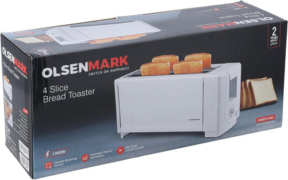 Olsenmark 4 Slice Bread Toaster, Automatic Pop-Up, Ombt2493 Wide Bread Slots & Variable Browning Shade Controls Mid Cycle Cancel Function Hinged Crumb Tray, White