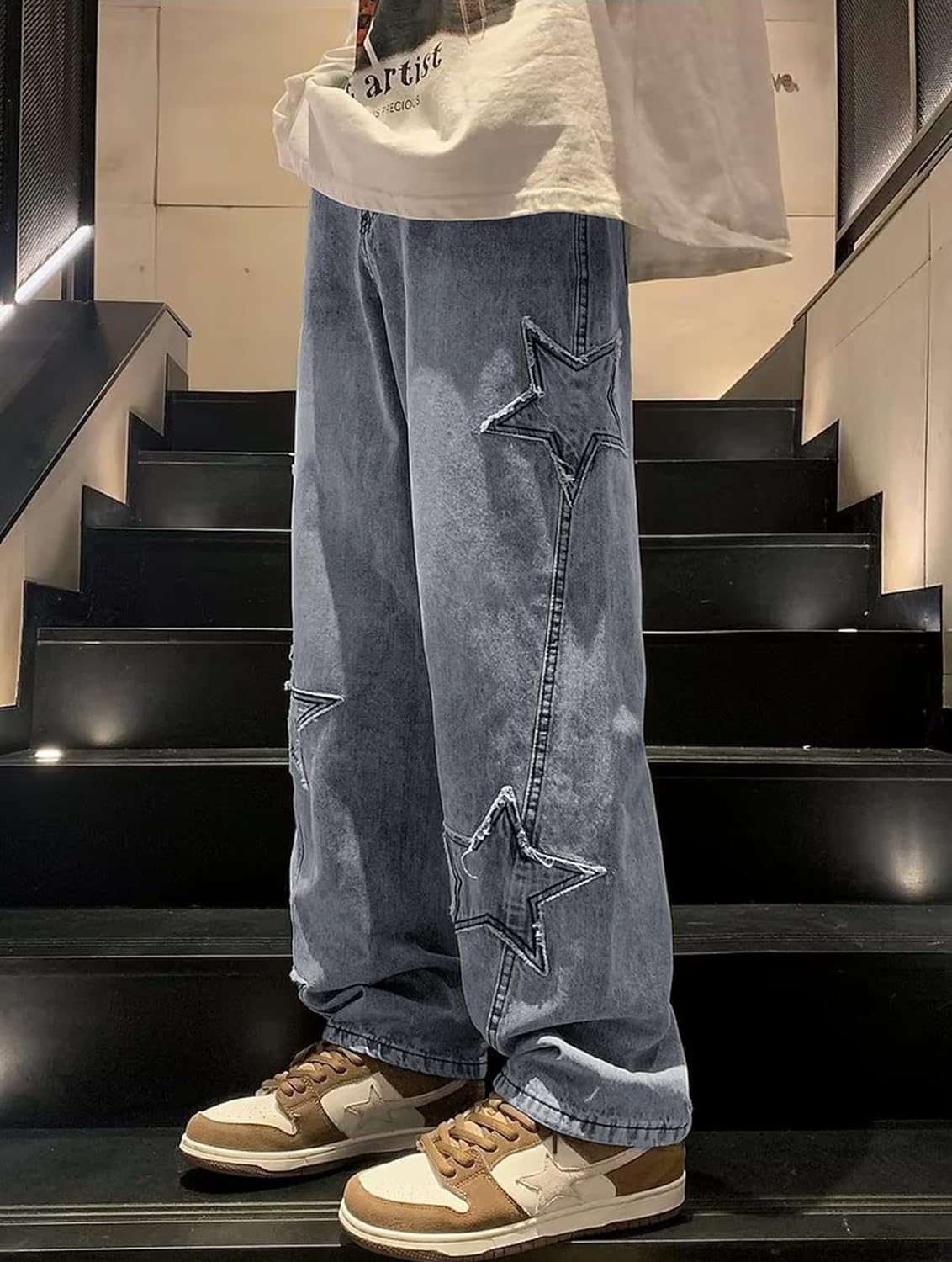 Mens Y2k Star Jeans High Waisted Hip Hop Streetwear Jeans Loose Baggy Embroidery Aesthetic Harajuku Denim Pants