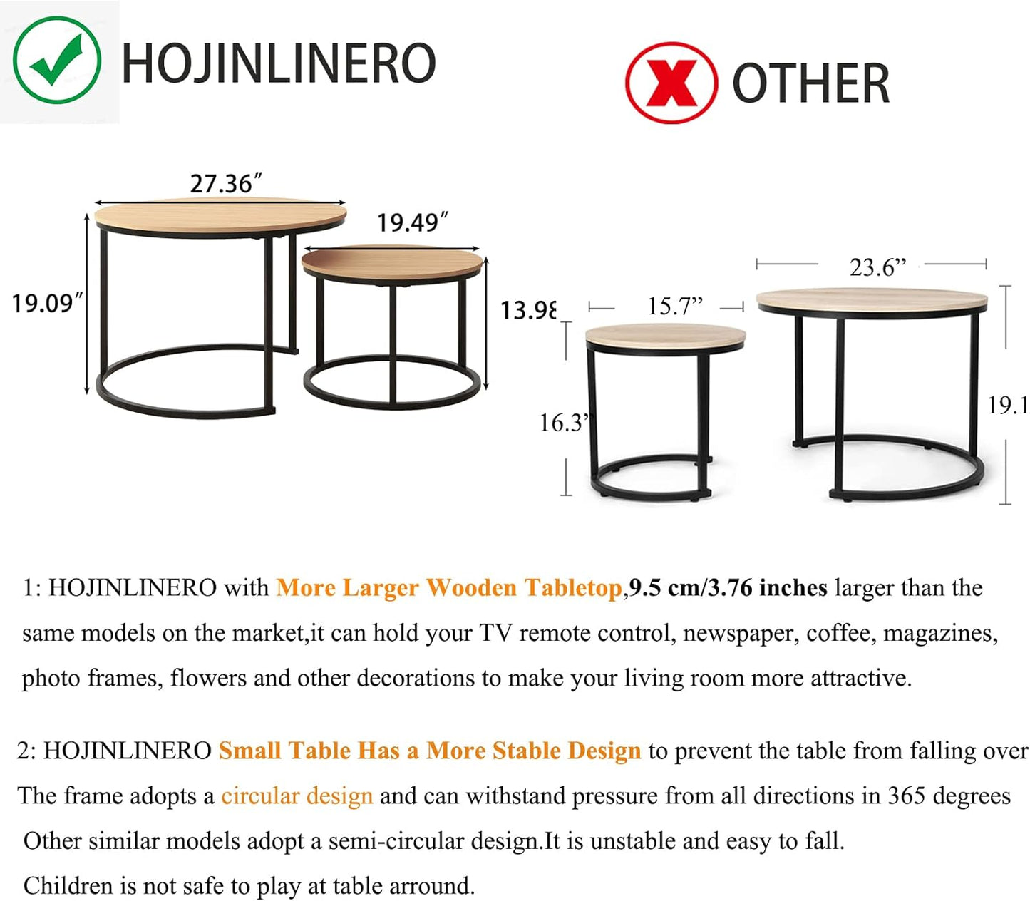 HOJINLINERO Nesting Round Coffee Table Set of 2 End Tables for Living Room,Grey Coffee Table Wooden Accent Furniture with Metal Frame,Stacking Side Tables,Black+Warm Grey