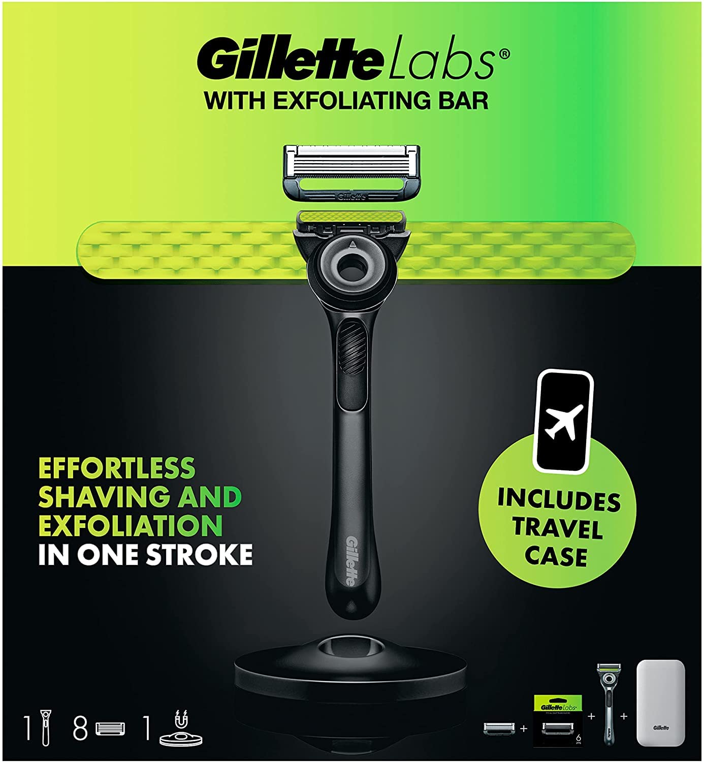 Gillette Labs Men's Razor + 8 Razor Blade Refills with Exfoliating Bar, Includes Premium Magnetic Stand & Travel Case