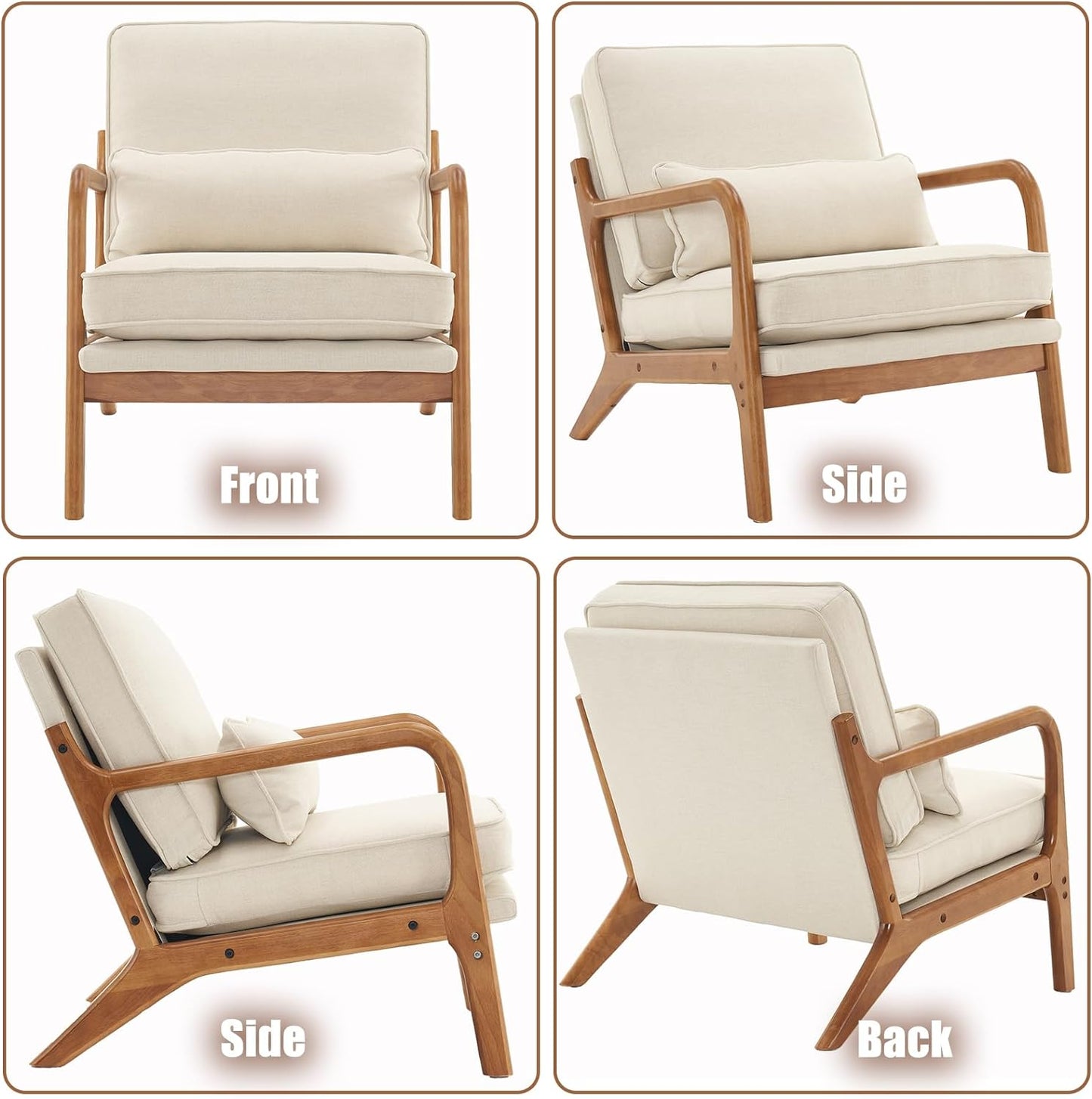 Anewome Mid Century Modern Accent Chair with Wood Frame Upholstered Lounge Linen Fabric Armchair Comfy Reading Leisure Chair with Cushion for Living Room Bedroom Balcony, Beige