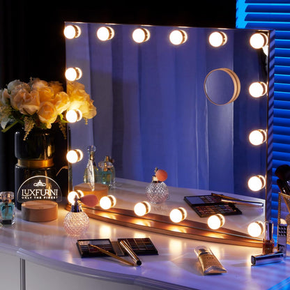 LUXFURNI Vanity Mirror with Makeup Lights, Large Hollywood Light up Mirrors w/ 18 LED Bulbs for Bedroom Tabletop & Wall Mounted (26Wx21L, Black)