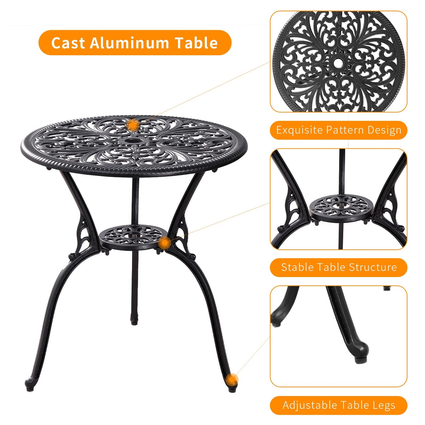 Withniture Bistro Table and Chairs Set of 2 Outdoor 3 Piece Bistro Sets Cast Aluminum Patio Bistro Set with Umbrella Hole, Patio Set for Garden, Black