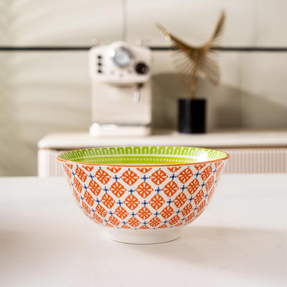 Techplus Set of 4 Orange and Green Ceramic Bowls – 6.25 Inch Floral Pattern – Microwave, Dishwasher, Oven Safe – Perfect for Salads, Pasta, Soup – Stylish Kitchen Gift