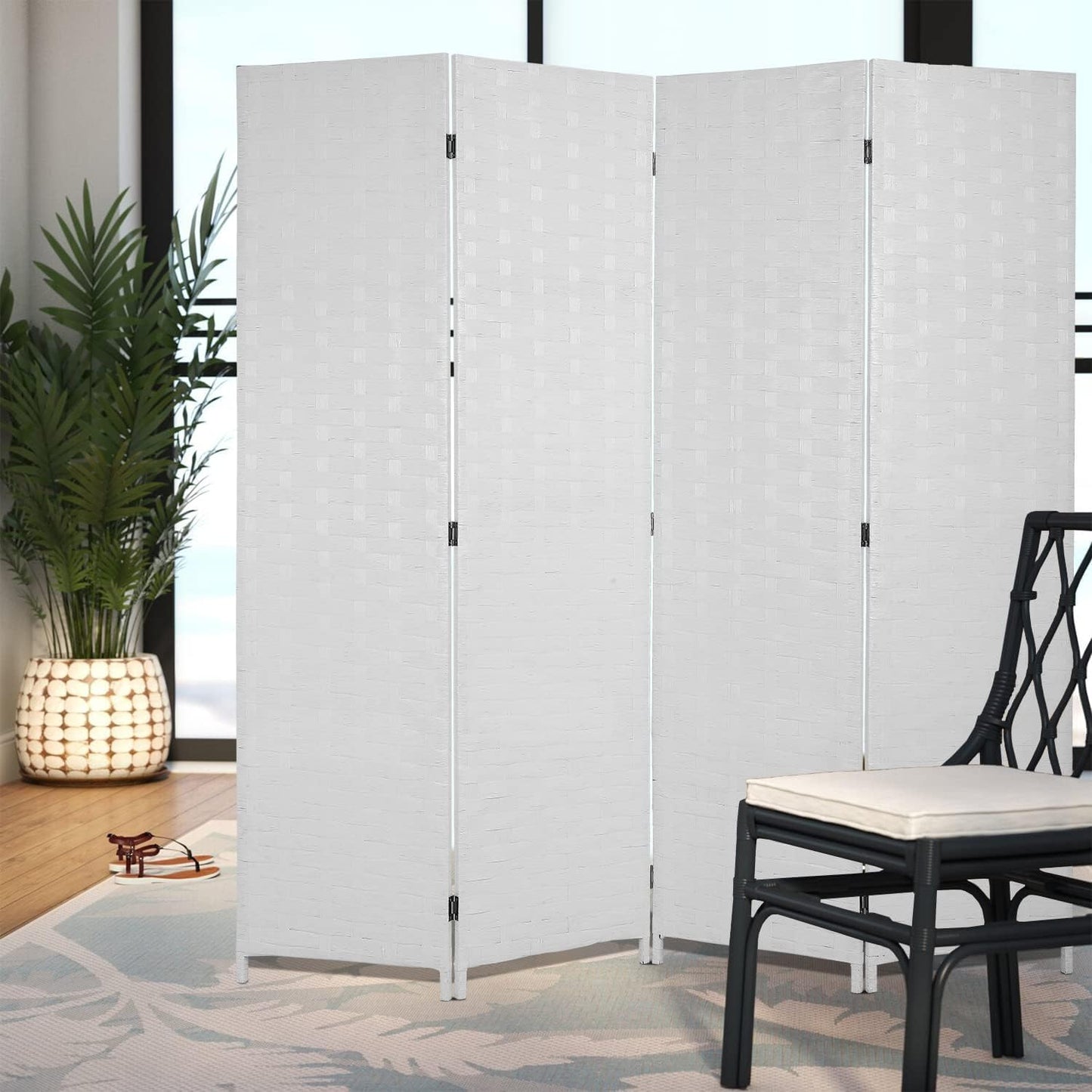 Hanaiette Room Divider Wood Screen Wood Mesh Woven Design Room Screen Divider Folding Portable Partition Screen Screen Wood for Home Office (4 Panel, White)